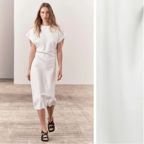 Zara Scuba Effect Round Neck Ruched Waist White Midi Dress Size M NWT - Picture 2 of 13